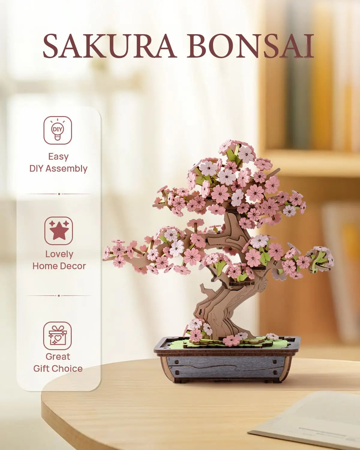 Robotime Rolife 3D Wooden Sakura Bonsai Puzzle Easy Assembly Evergreen Pine Bonsai Kit Christmas Gift for Family Home Decoration