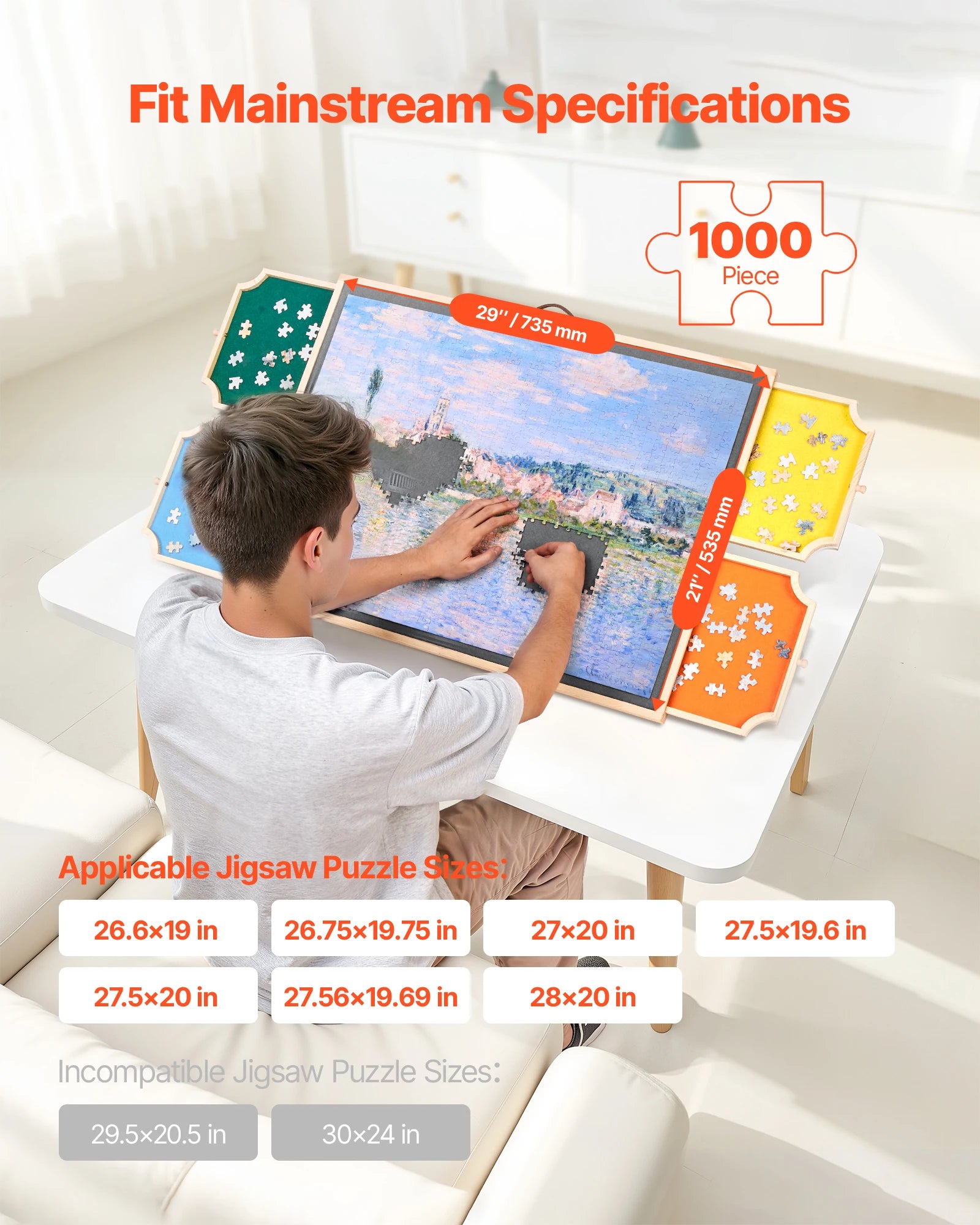 SucceBuy 1000 Piece Puzzle Board with 4 Colorful Felt Drawers Wooden Table Adjustable 2-Tilting-Angle Jigsaw Puzzle Accessories
