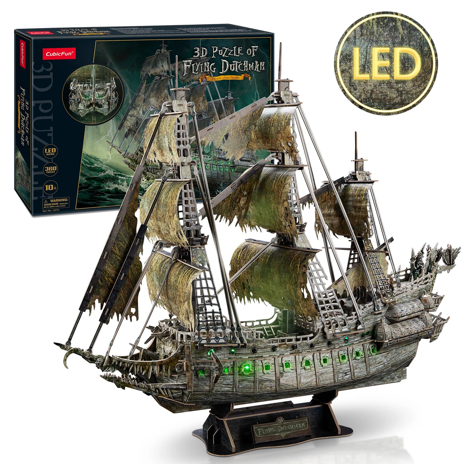 CubicFun 3D Puzzles Green LED Flying Dutchman Pirate Ship Model 360 Pieces Kits Lighting Building Ghost Sailboat Gifts for Adult
