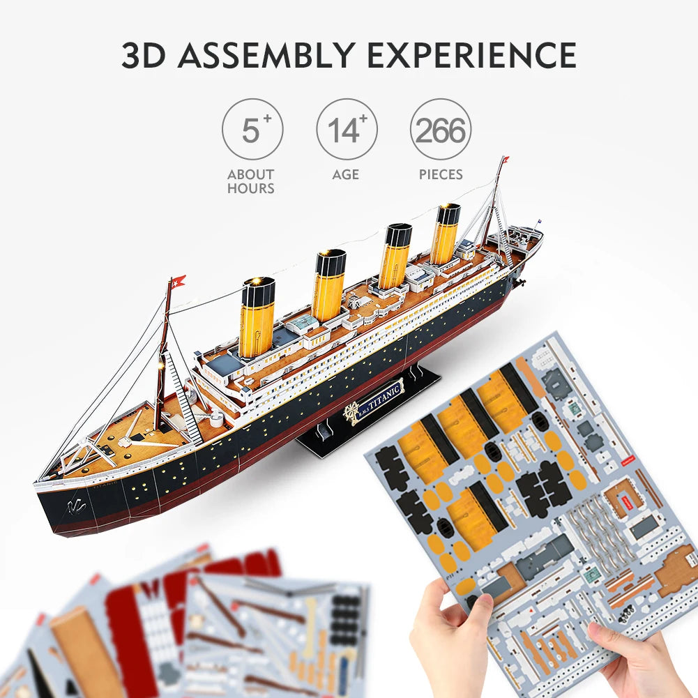 CubicFun 3D Puzzles for Adults LED Titanic Ship Model 266pcs Cruise Jigsaw Toys Lighting Building Kits Home Decoration Gifts