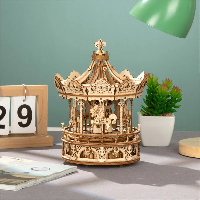 Robotime 3D Wooden Puzzle 336pcs Rotatable DIY Romantic Carousel Game Gift for Children Kids Adult AMK62 Assembly Music Box Toy