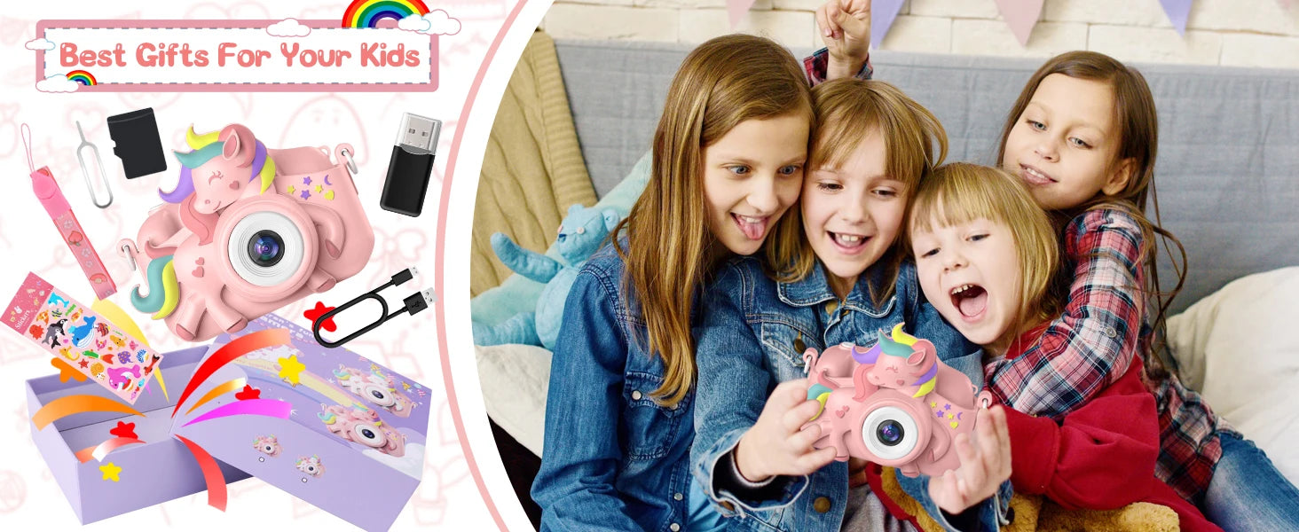 2.0" Kid's Camera 20MP 1080P HD Toddle Selfie Camera Cute Cartoon Digital Cmaera Toy With 32GB Card Gift For Girls & Boys