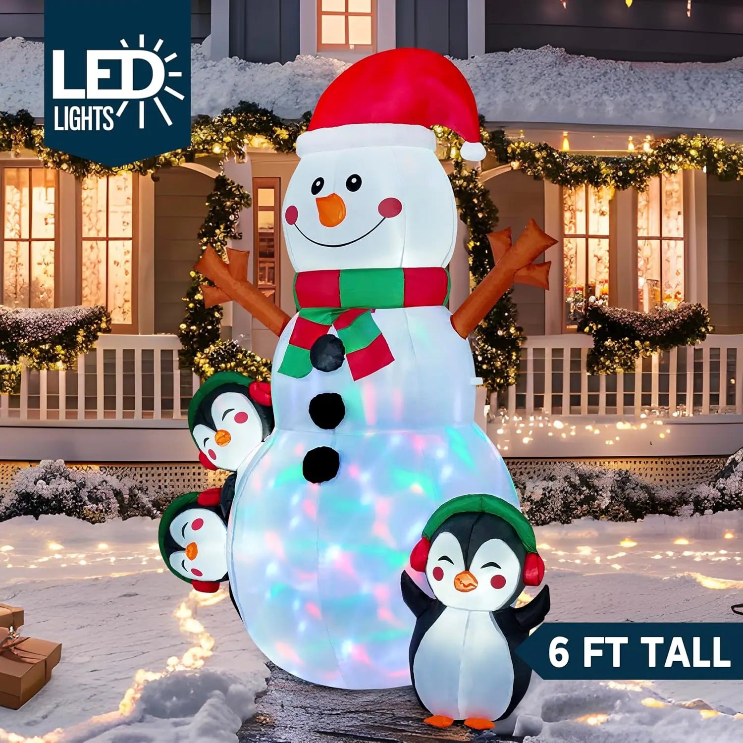 JOYFY 6 FT Christmas Snowman Inflatable Decoration with Build-in Multicolor LEDs Snowman Penguin Blow Up Inflatables for Xmas