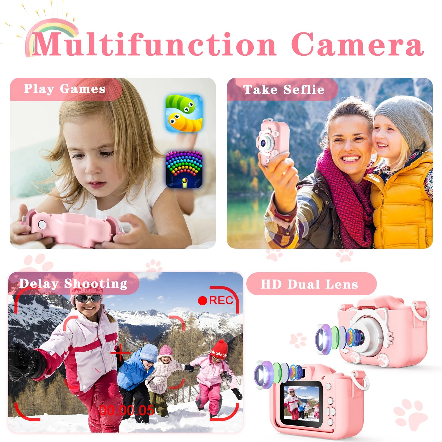 Cute Cat Children Cameras With Silicone Cases Dual Cameras Kids Photography HD Video Camera Toys Christmas Birthday Gifts