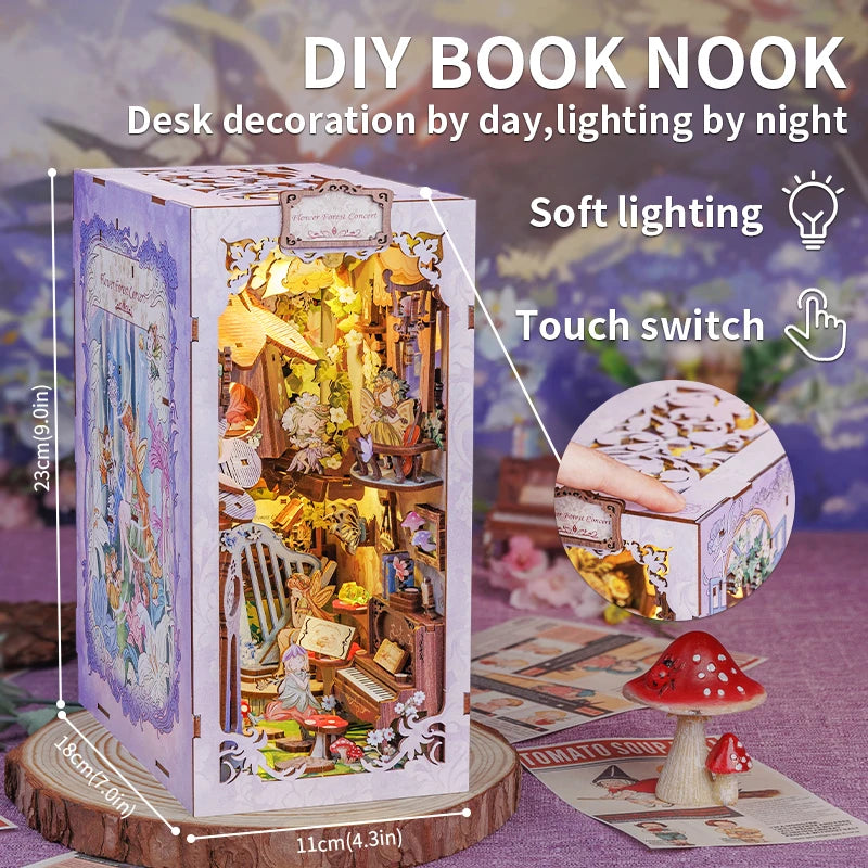 CUTEBEE Wooden 3D Puzzle DIY Book Nook Kit Miniature Dollhouse with Light Dust Cover Bookshelf Insert for Child Birthday Gift