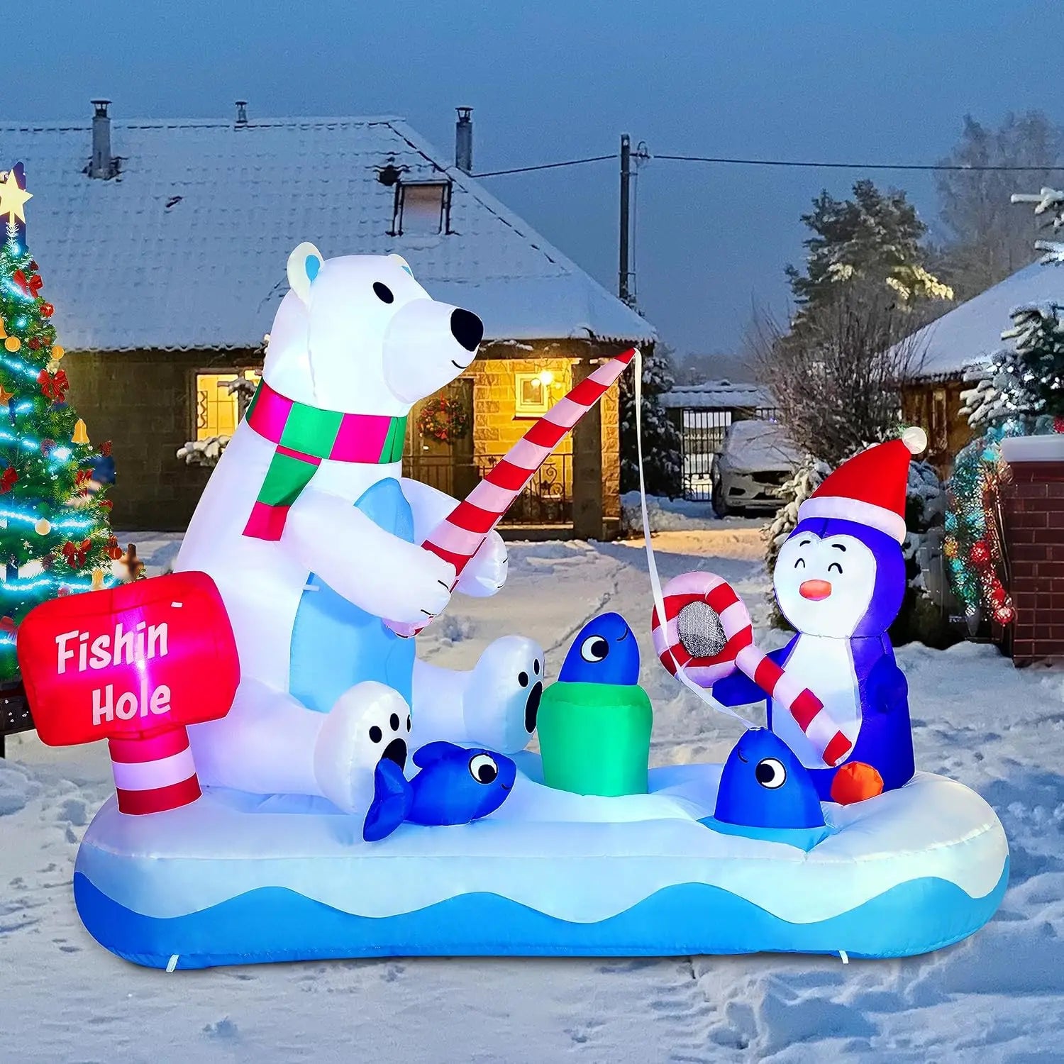JOYFY 6 FT Long Christmas Inflatable Penguin & Polar Bear Decoration,Blow Up Yard Decoration for Christmas Party Decorations