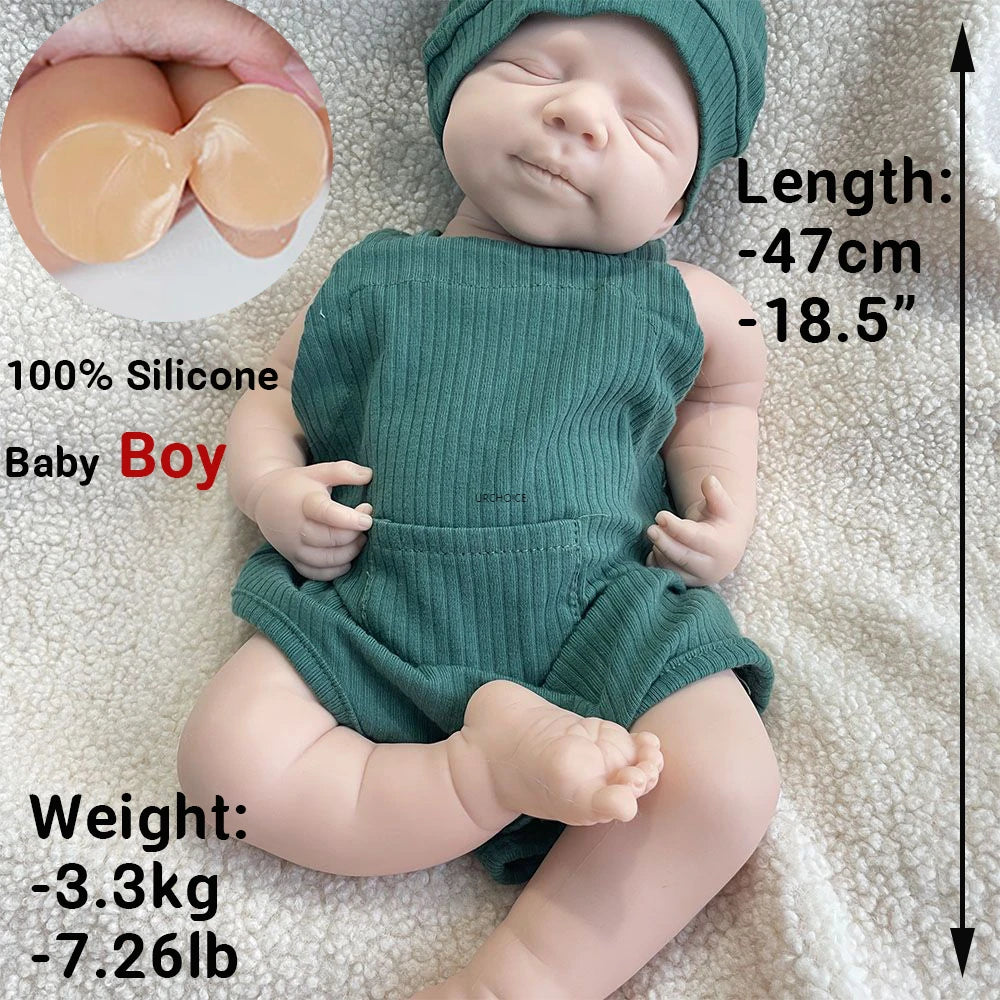 Realistic Weight & Poseable Limbs 19Inch Silicone Reborn Baby Boy Washable Asleep Doll for Childcare Training Birthday Gift