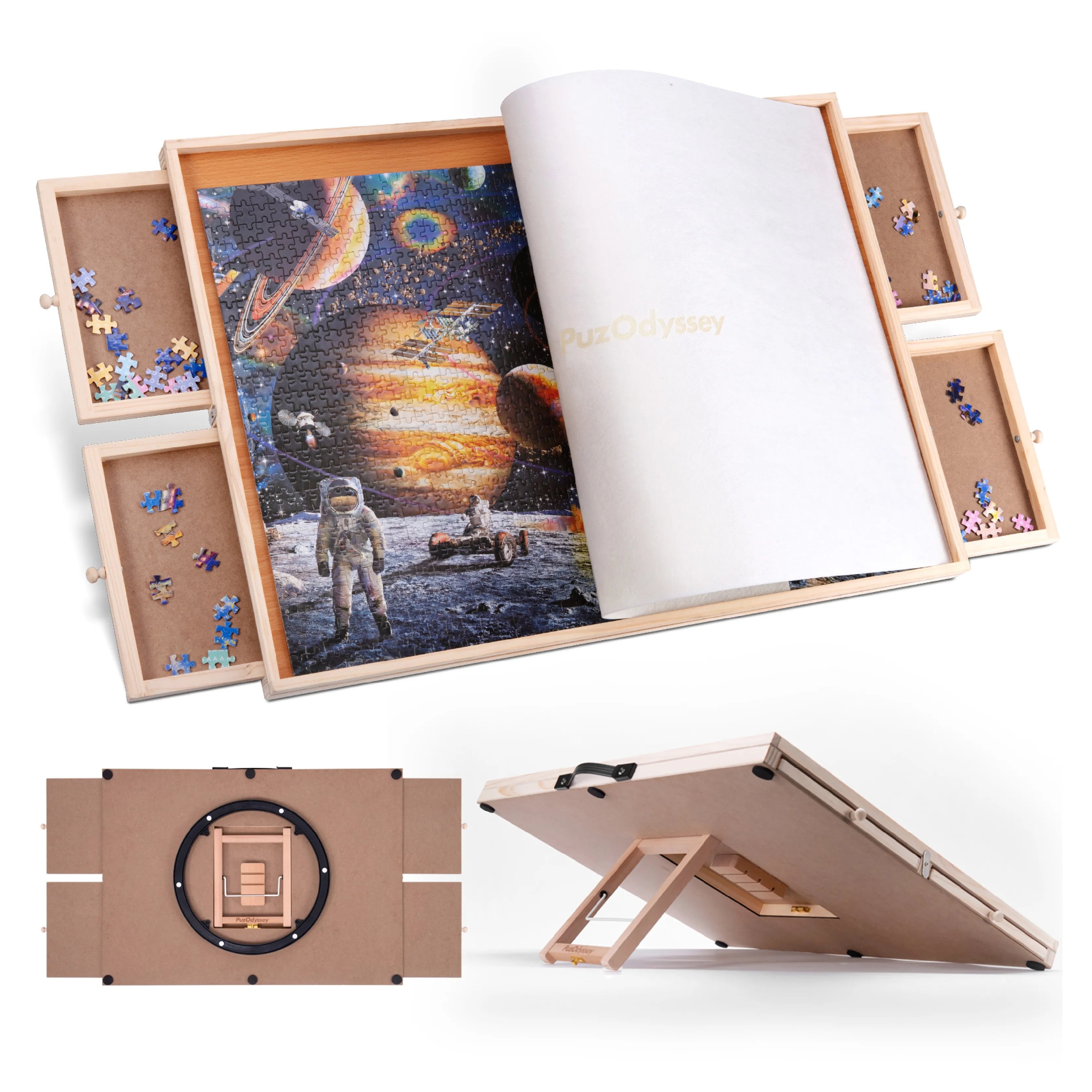 PuzOdyssey 1500 Pieces Rotating & Tilting 2-in-1 Puzzle Board 26" x 35" with 4 Drawers 1 White Puzzle Mat 1 Lazy Susan for Adult