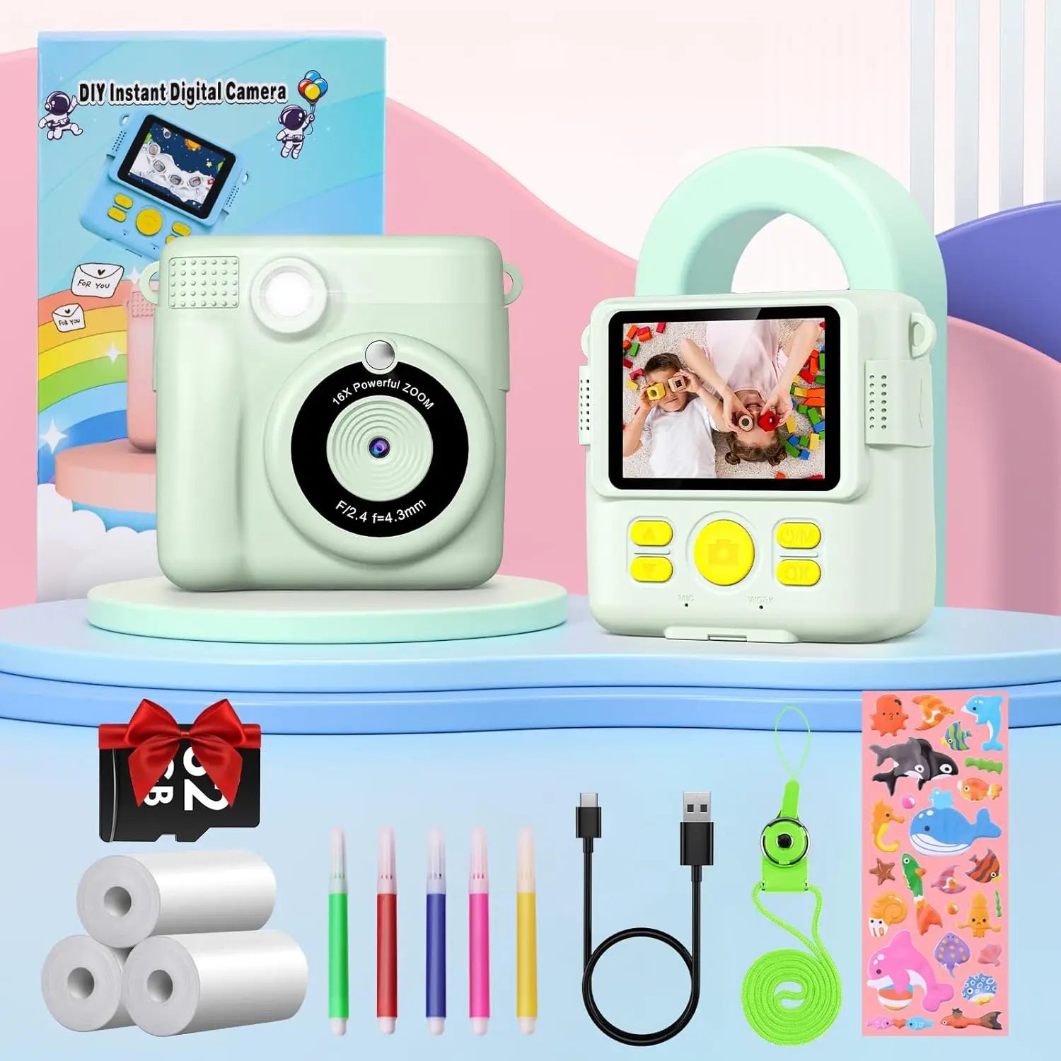 Gofunly Children's Instant Print Camera Thermal Printing Digital Camera 2.4" 1080P Camera Toy For 6-12 Years