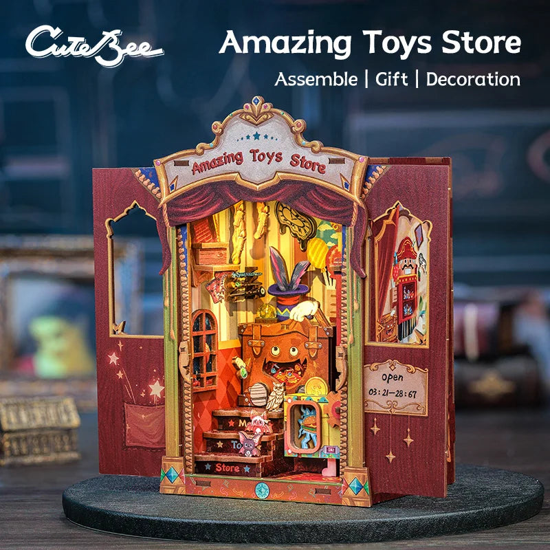 CUTEBEE Wooden 3D Puzzle DIY Book Nook Kit Miniature Dollhouse with Light Dust Cover Bookshelf Insert for Child Birthday Gift