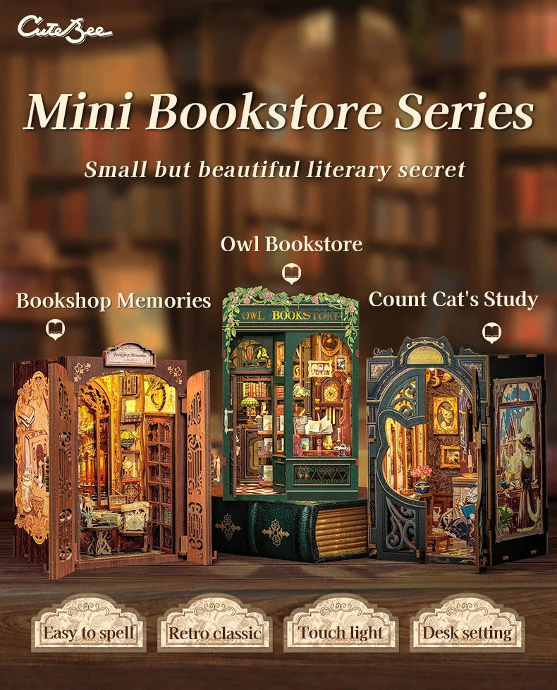 CUTEBEE DIY Book Nook Kit Miniature Dollhouse with Light Wooden Bookshelf Insert Retro Booknook Decor for Gifts Bookshop Series