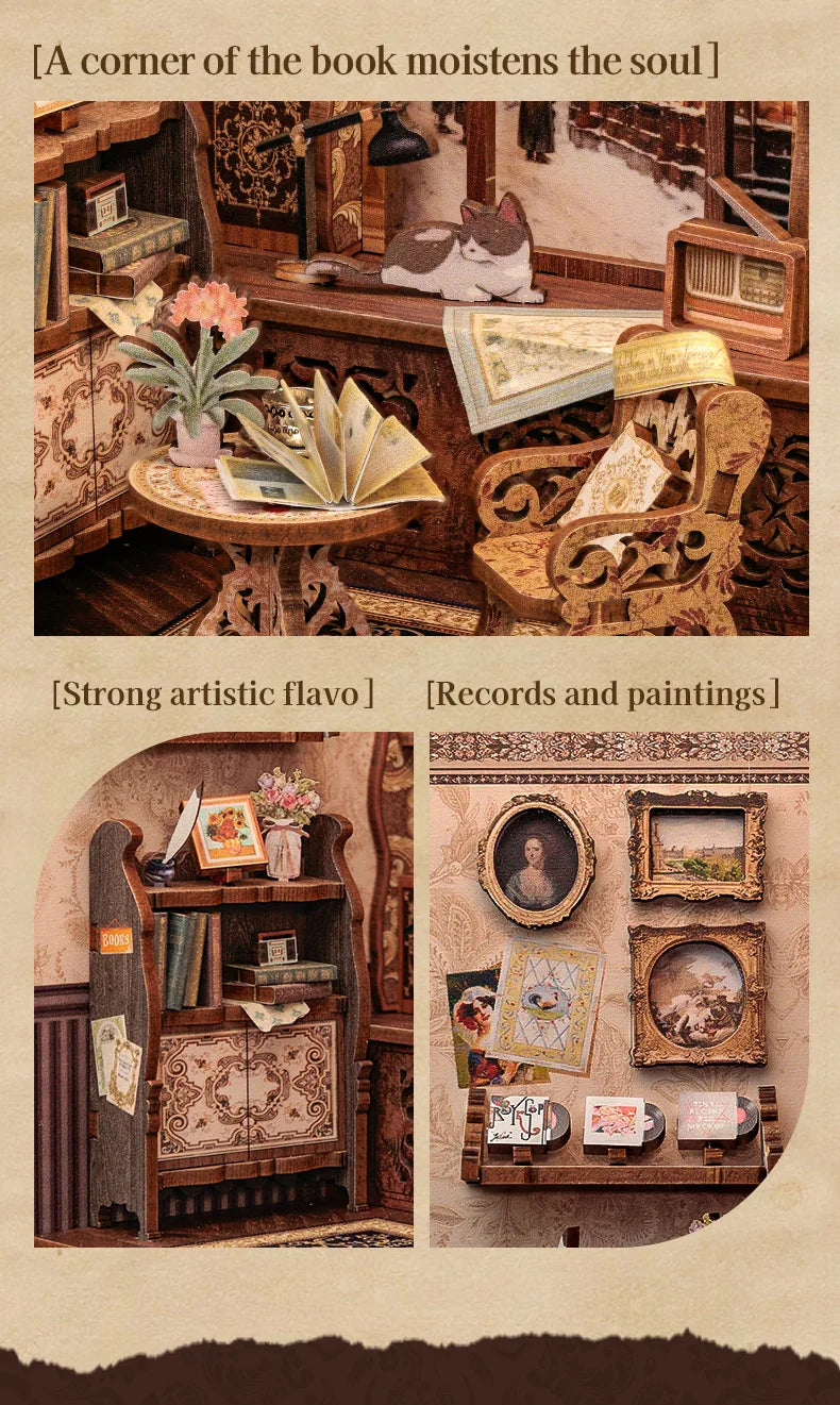 CUTEBEE DIY Book Nook Kit Miniature Dollhouse with Light Wooden Bookshelf Insert Retro Booknook Decor for Gifts Bookshop Series