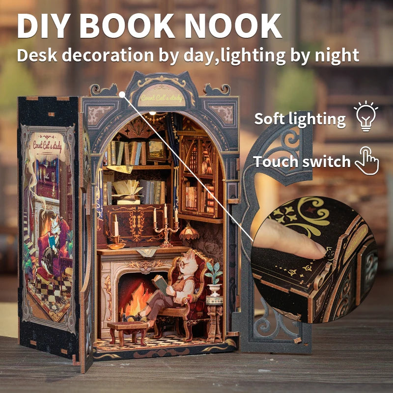 CUTEBEE 3D Puzzle DIY Book Nook Kit Wooden Dollhouse with Light Miniature Model Child Adult Toys for Count Cat's Study