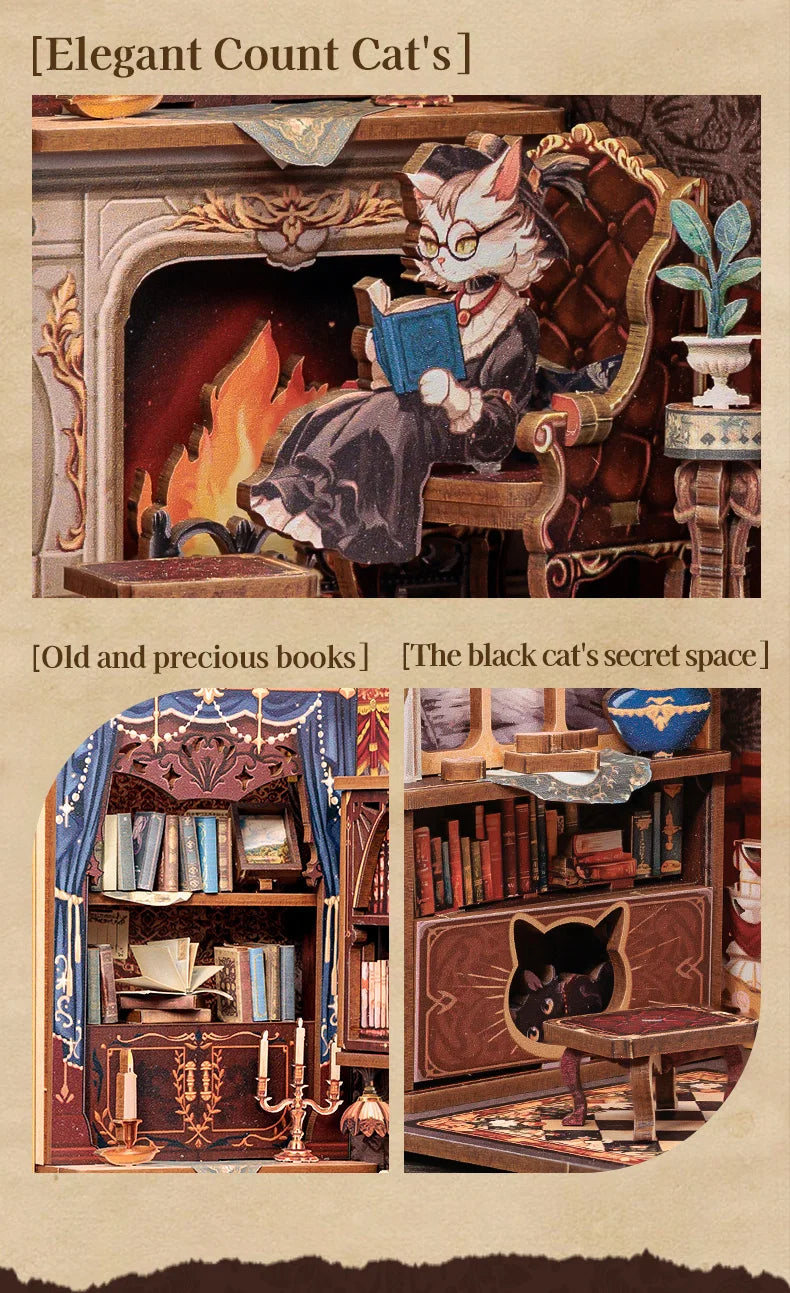 CUTEBEE DIY Book Nook Kit Miniature Dollhouse with Light Wooden Bookshelf Insert Retro Booknook Decor for Gifts Bookshop Series