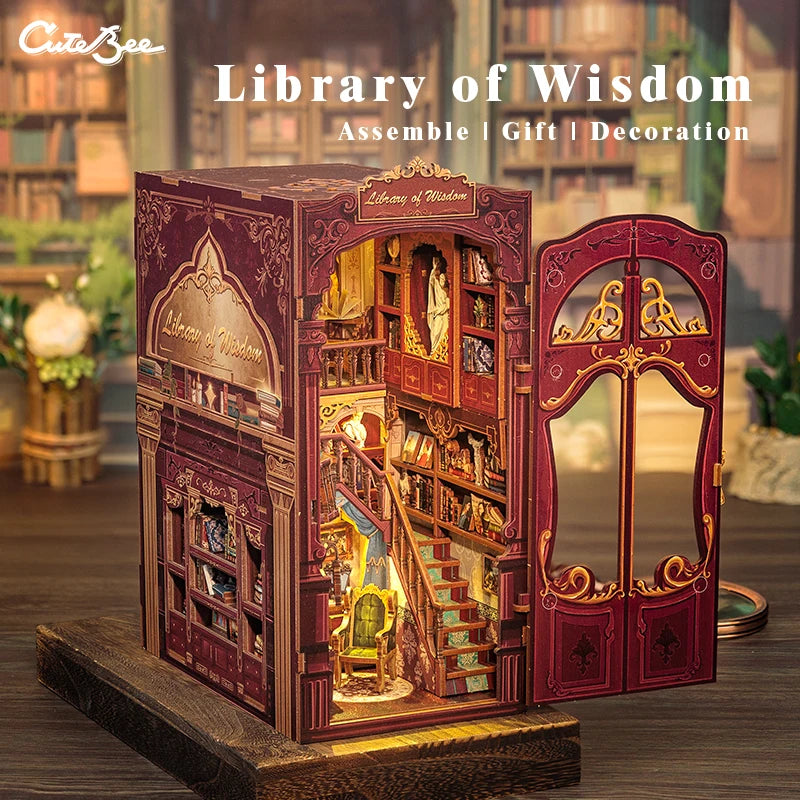 CUTEBEE Wooden 3D Puzzle DIY Book Nook Kit Miniature Dollhouse with Light Dust Cover Bookshelf Insert for Child Birthday Gift