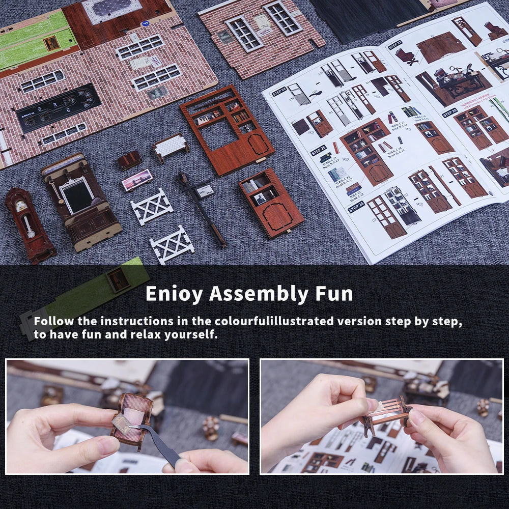 CUTEBEE Wooden Dollhouse Kit Miniature Doll House Kits Booknook Bookshelf Book Nook with Dust Cover Bookends Christmas Gift