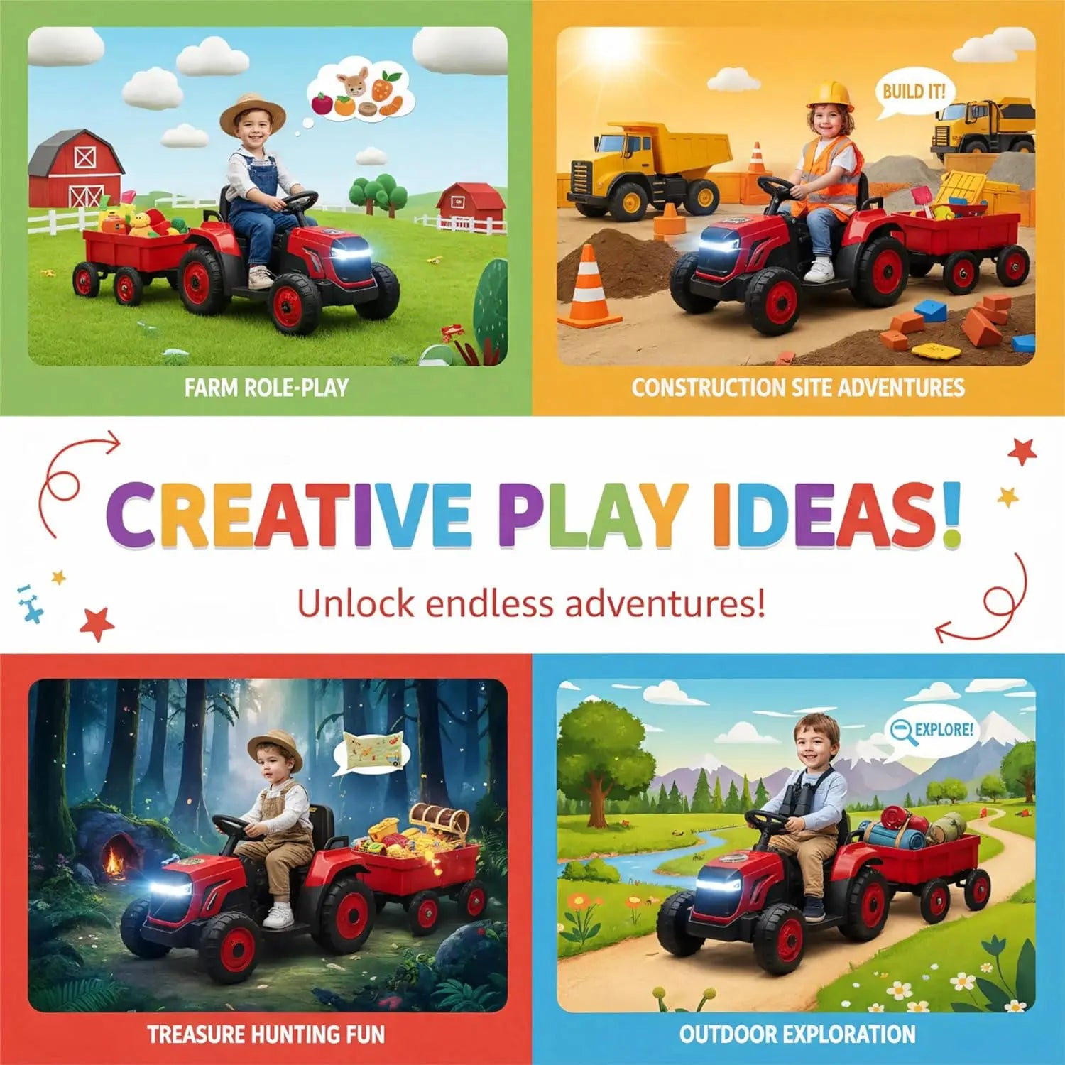 Toddlers Ride on Tractor with Detachable Garden Cart, 12V Electric Kids’ Vehicle with Trailer,Battery-Powered 8-Wheel,Ages 3–8Y