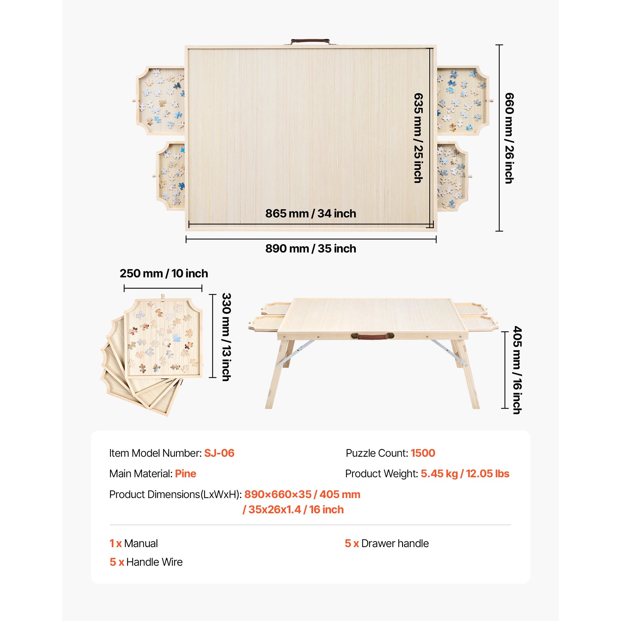 SucceBuy 1500 Piece Puzzle Table with Folding Legs 4 Drawers & Cover Portable Wooden Board Jigsaw Puzzle Accessories for Adults