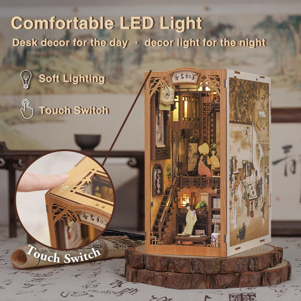 CUTEBEE Wooden Dollhouse Kit Miniature Doll House Kits Booknook Bookshelf Book Nook with Dust Cover Bookends Christmas Gift