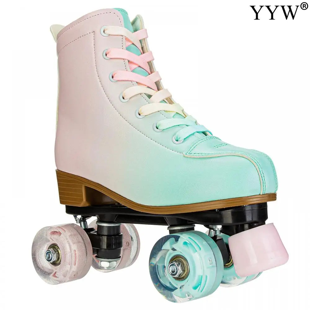 2024 PU Leather Flashing 4 Wheels Roller Skates For Women Double Row Skate Shoes Beginner Quad Sneaker Skating Ice Rink Training