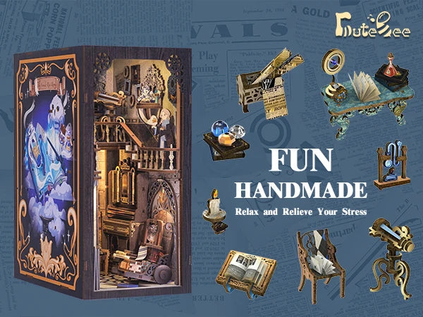 CUTEBEE Wooden Dollhouse Kit Miniature Doll House Kits Booknook Bookshelf Book Nook with Dust Cover Bookends Christmas Gift