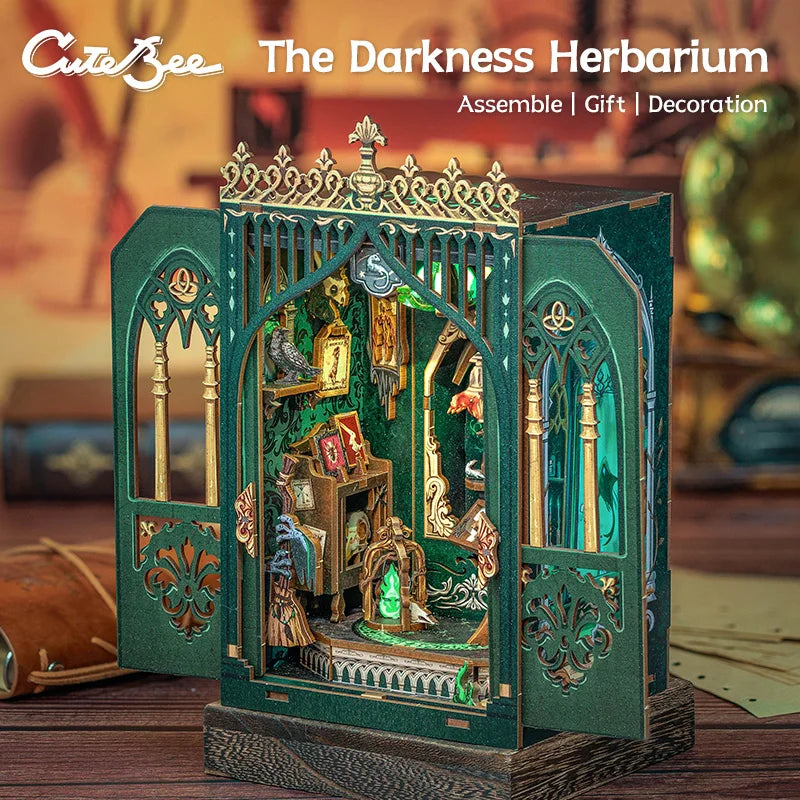 CUTEBEE Wooden 3D Puzzle DIY Book Nook Kit Miniature Dollhouse with Light Dust Cover Bookshelf Insert for Child Birthday Gift