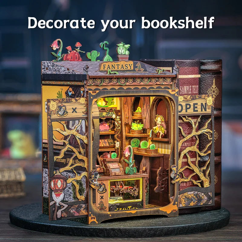 CUTEBEE Wooden 3D Puzzle DIY Book Nook Kit Miniature Dollhouse with Light Dust Cover Bookshelf Insert for Child Birthday Gift