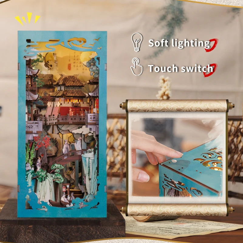 CUTEBEE Wooden Dollhouse Kit Miniature Doll House Kits Booknook Bookshelf Book Nook with Dust Cover Bookends Christmas Gift