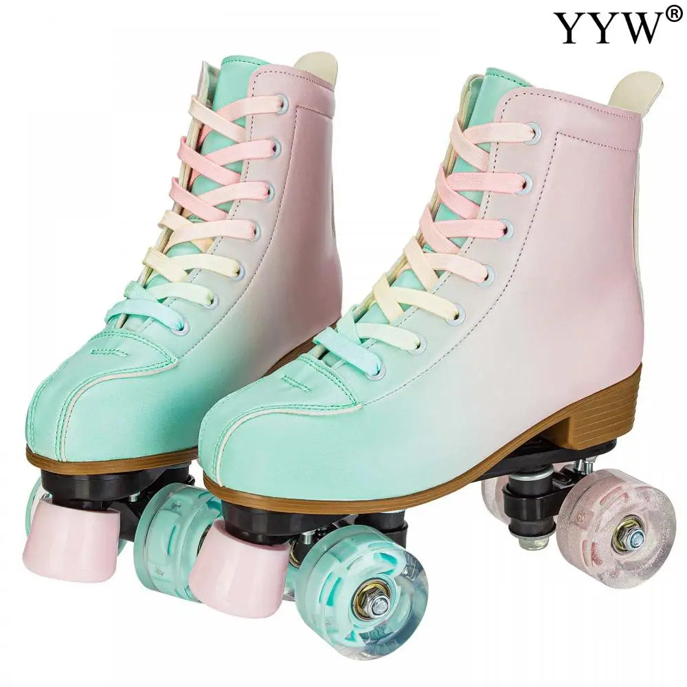 2024 PU Leather Flashing 4 Wheels Roller Skates For Women Double Row Skate Shoes Beginner Quad Sneaker Skating Ice Rink Training