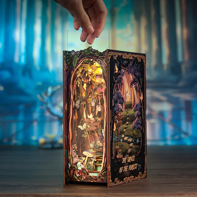 CUTEBEE Wooden 3D Puzzle DIY Book Nook Kit Miniature Dollhouse with Light Dust Cover Bookshelf Insert for Child Birthday Gift