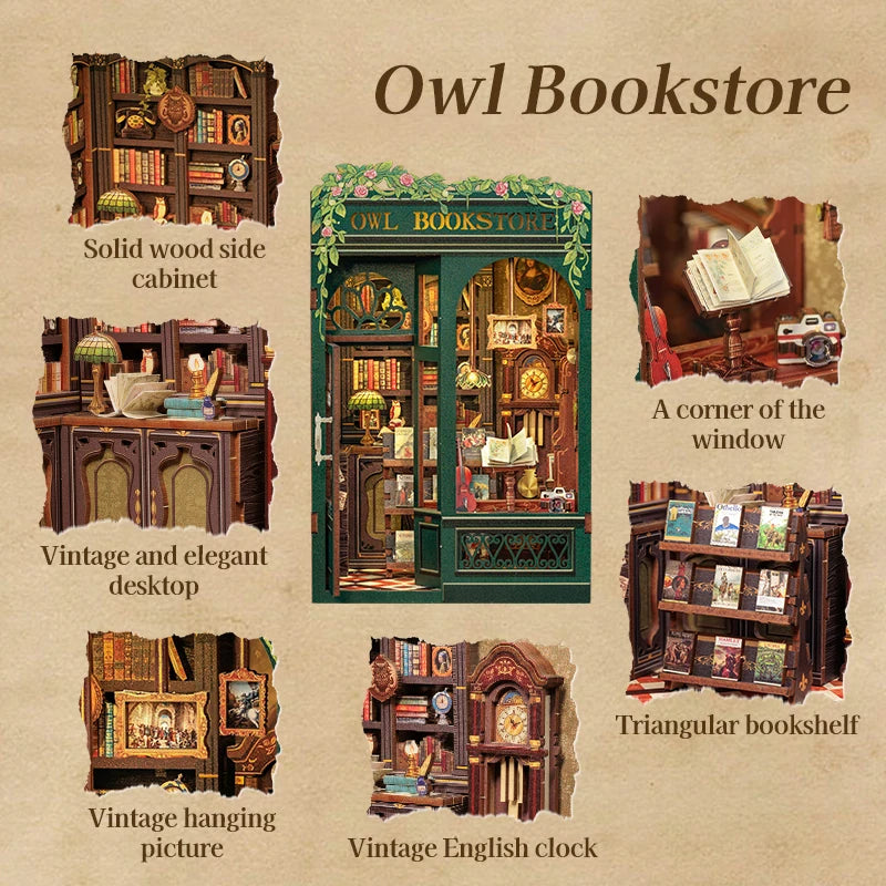 Cutebee 3D Wooden Puzzle Miniature Model Kits Owl Bookstore Mini DIY Doll House Home Decor for Family Unique Birthday Gifts