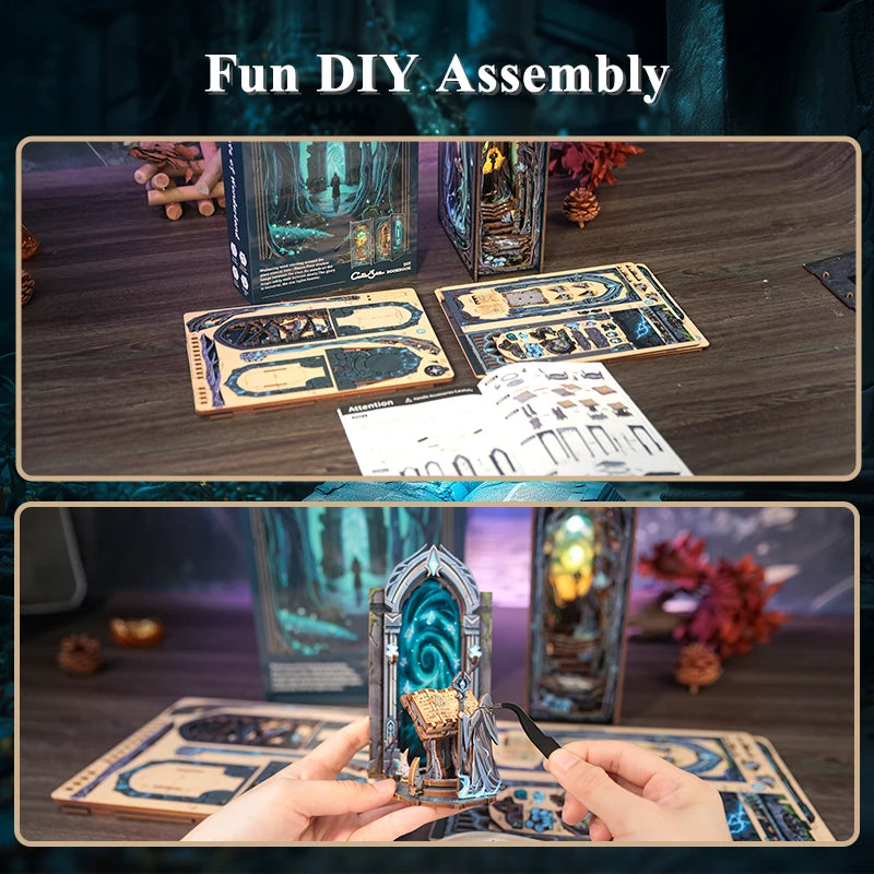 CUTEBEE Wooden 3D Puzzle DIY Book Nook Kit Miniature Dollhouse with Light Dust Cover Bookshelf Insert for Child Birthday Gift