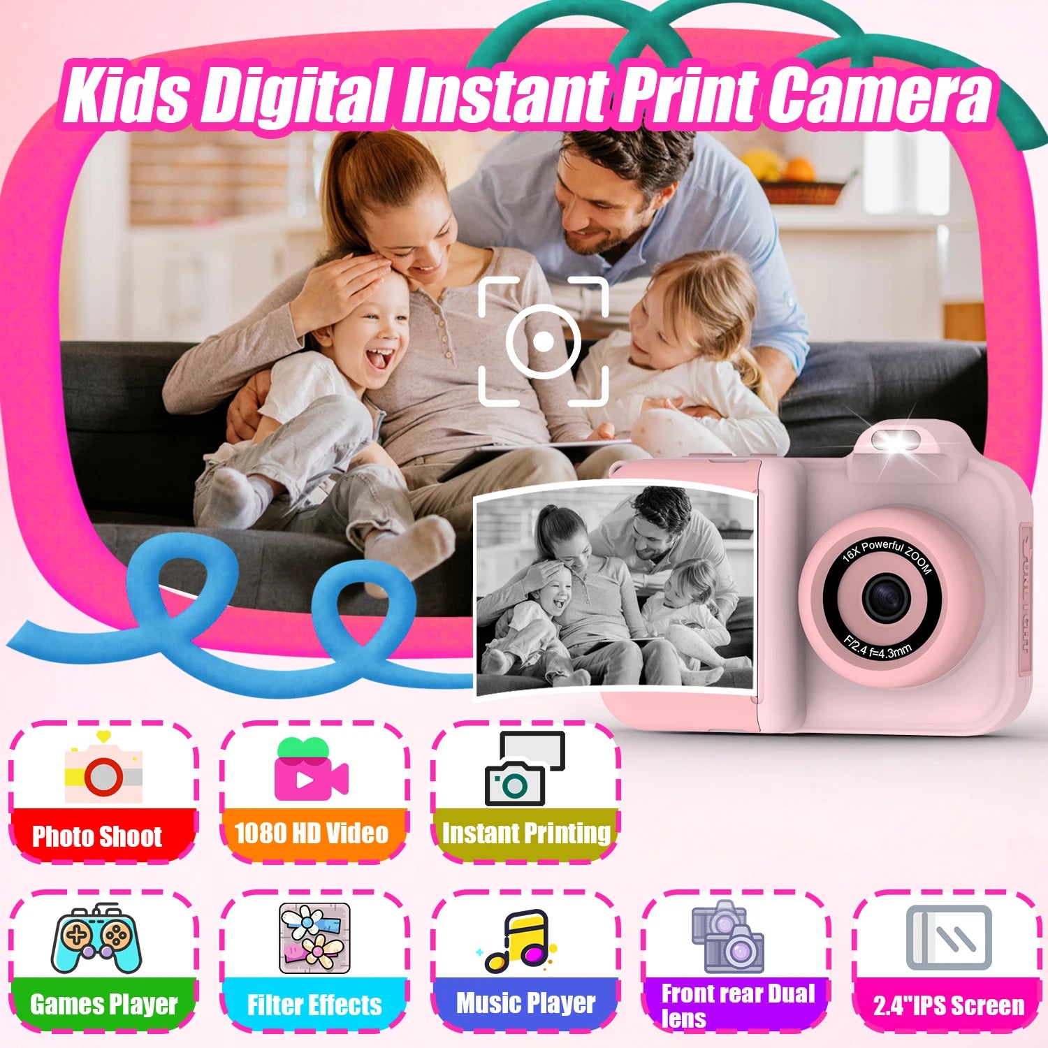Children Camera Instant Print Camera For Kids Dual Lens Video Recording Photo Thermal Printing Mini Digital Camera With 32G Card