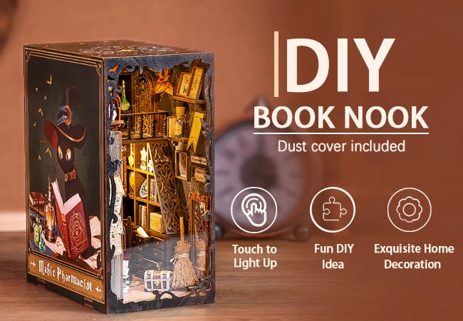 CUTEBEE Wooden Dollhouse Kit Miniature Doll House Kits Booknook Bookshelf Book Nook with Dust Cover Bookends Christmas Gift