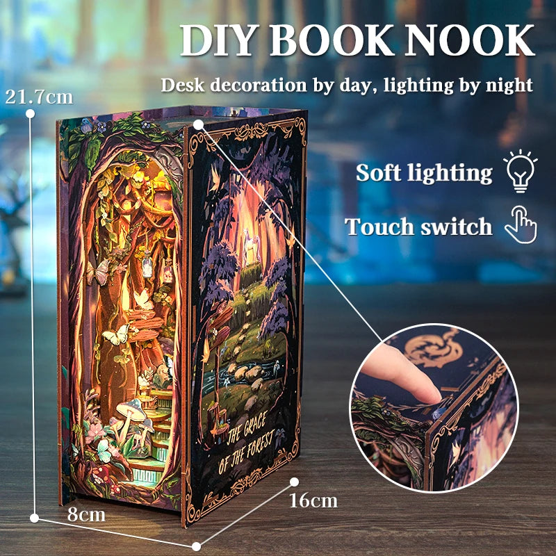CUTEBEE Wooden 3D Puzzle DIY Book Nook Kit Miniature Dollhouse with Light Dust Cover Bookshelf Insert for Child Birthday Gift