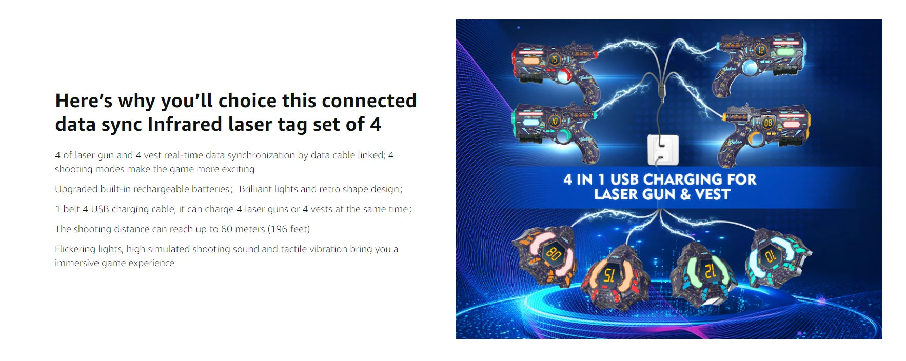 VATOS Rechargeable Health-value Data SYNC Laser Tag Gun Infrared Laser Tag Sets 4 Vest Glowing Light Lazer Tag Game for Adults f