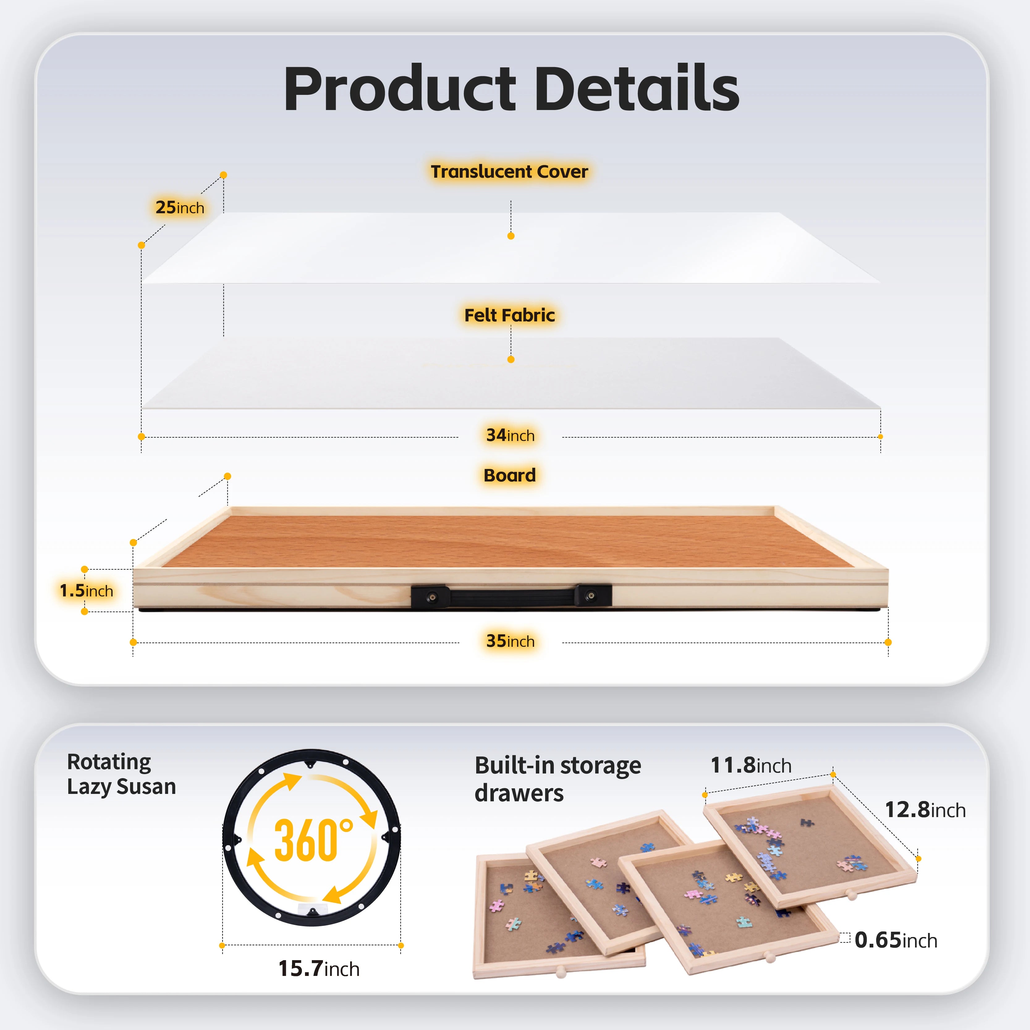 PuzOdyssey 1500 Pieces Rotating & Tilting 2-in-1 Puzzle Board 26" x 35" with 4 Drawers 1 White Puzzle Mat 1 Lazy Susan for Adult