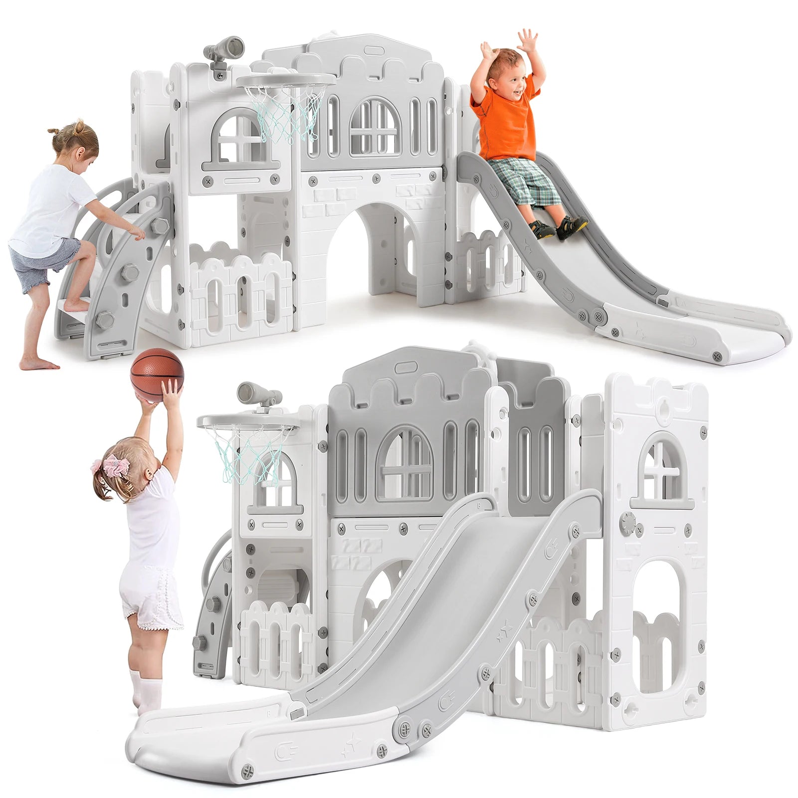 8 in 1 Toddler Slide Indoor Playground, Indoor Slide Toddler Playset for Toddlers  Kids Outdoor Playground with Basketball Hoop,