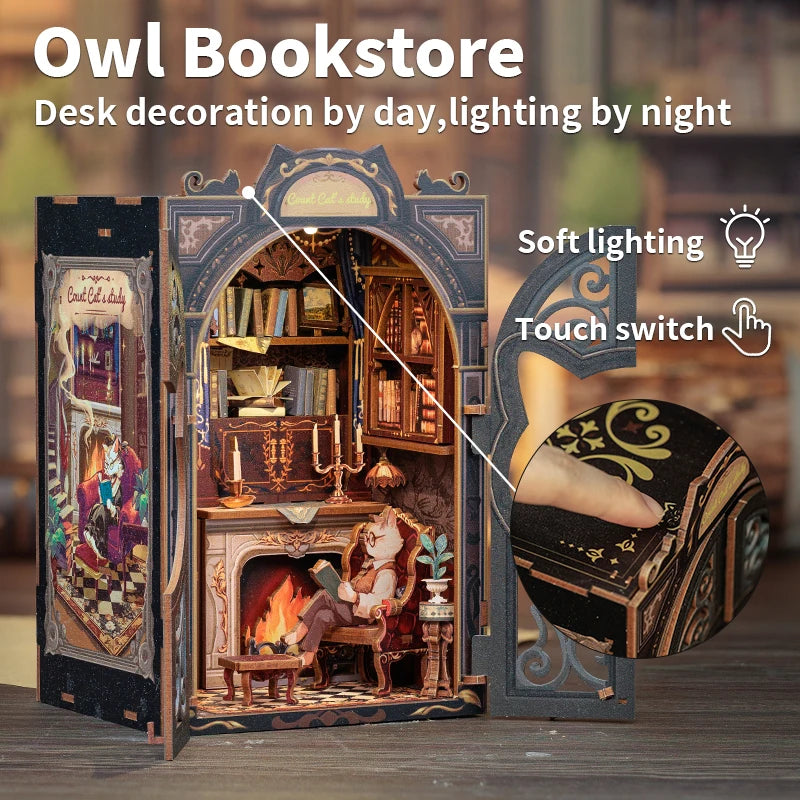 CUTEBEE 3D Puzzle DIY Book Nook Kit Wooden Dollhouse with Light Miniature Model Child Adult Toys for Count Cat's Study
