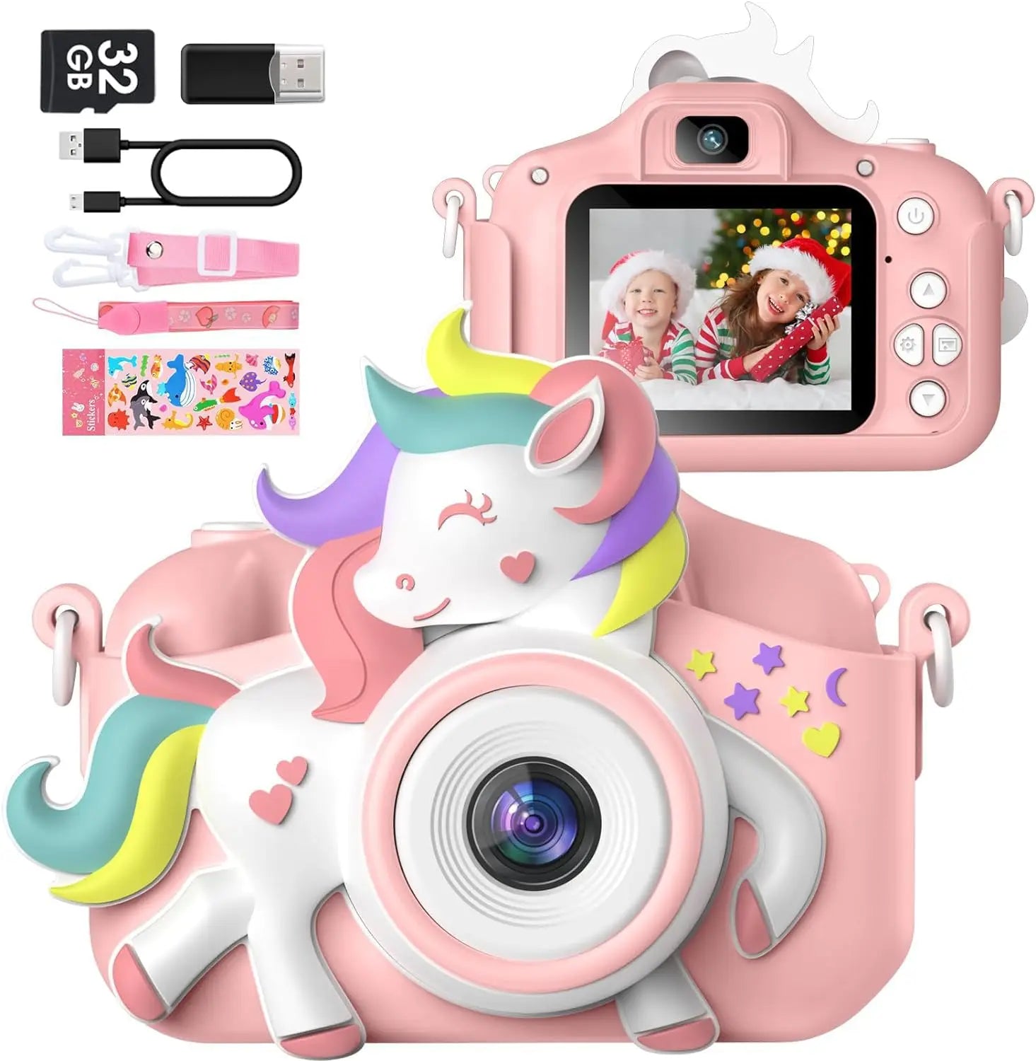 2.0" Kid's Camera 20MP 1080P HD Toddle Selfie Camera Cute Cartoon Digital Cmaera Toy With 32GB Card Gift For Girls & Boys