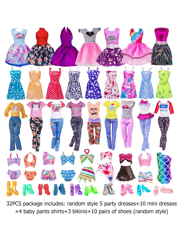 32pcs Doll Clothes Set Polyester Doll Fashion Clothes Props Fairy Collection Clothes Random Style for Girls Gift Accessories