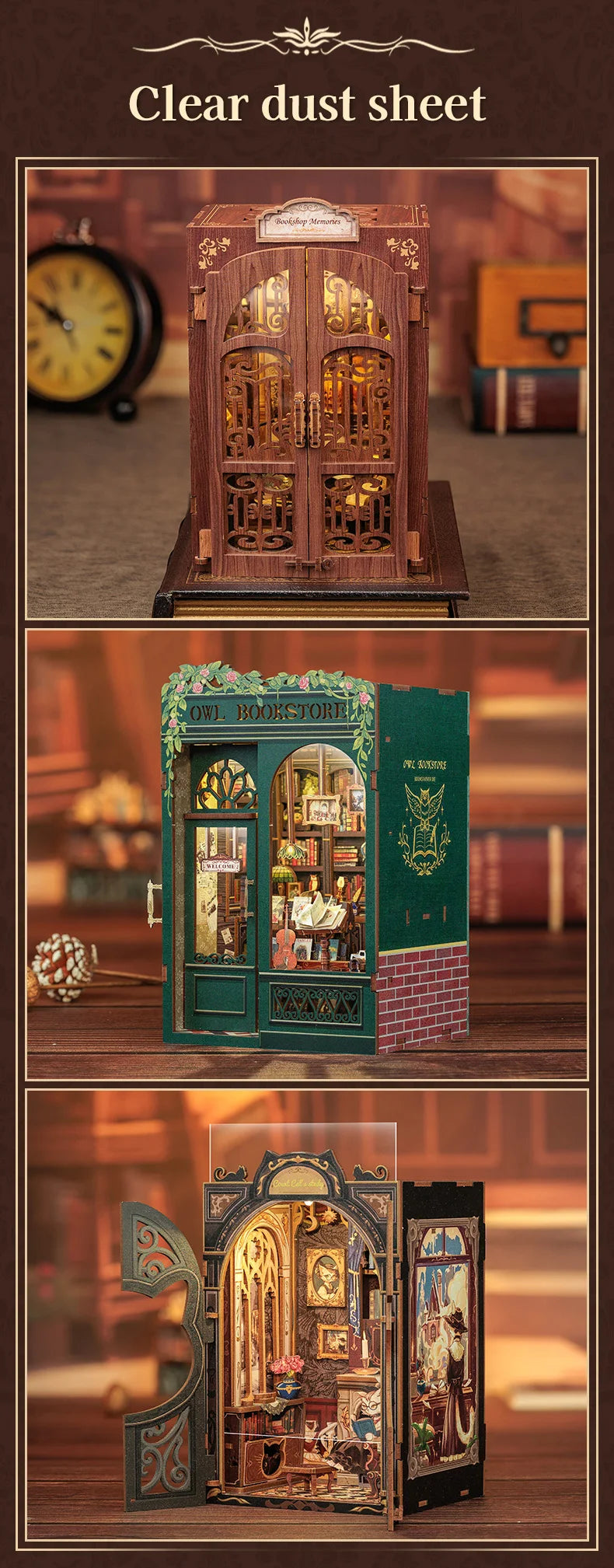 CUTEBEE DIY Book Nook Kit Miniature Dollhouse with Light Wooden Bookshelf Insert Retro Booknook Decor for Gifts Bookshop Series