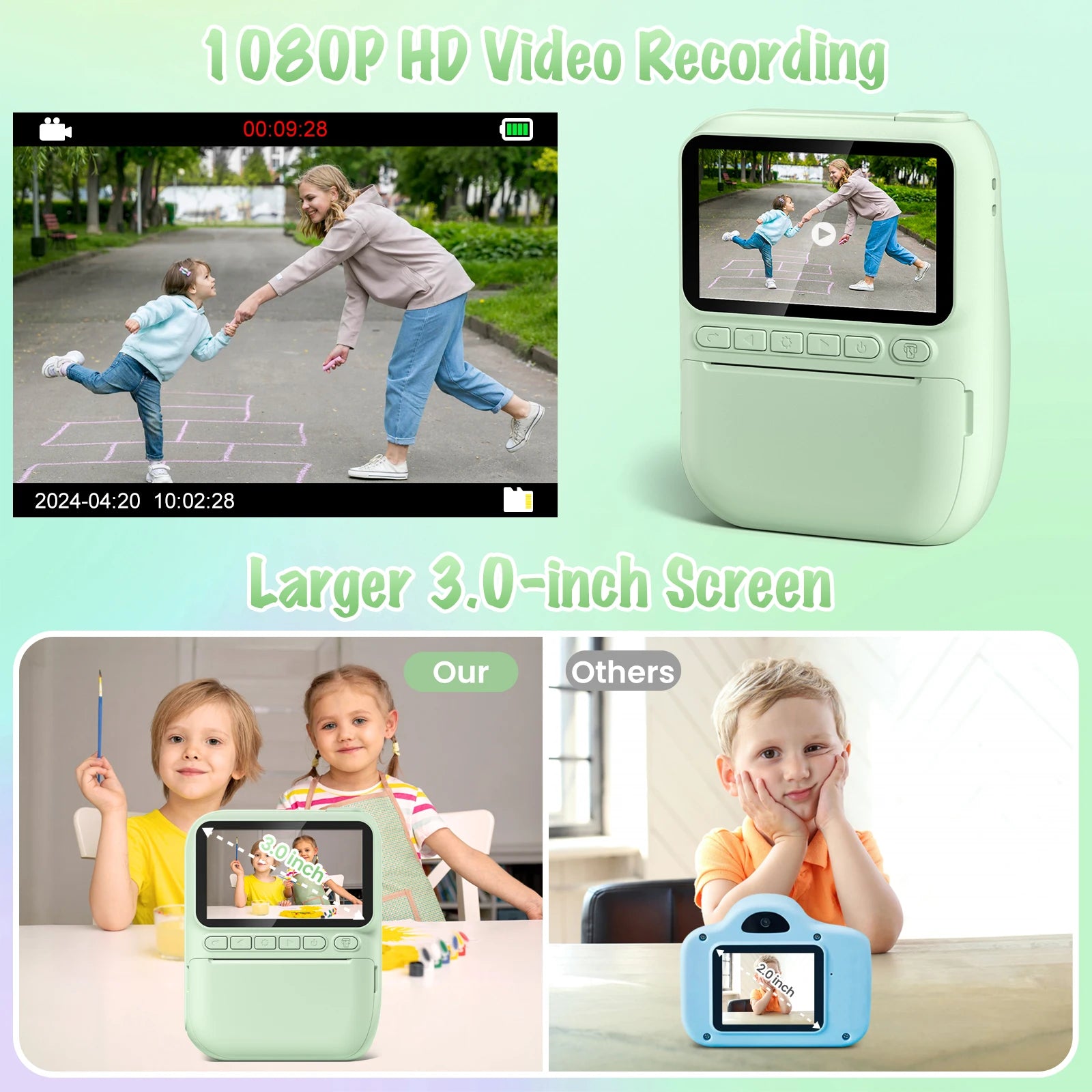 Gofunly Kids Instant Print Camera 3.0" Mini Digital Camera 1080P Portable Video Recorder Gift For 6-12 Years Children