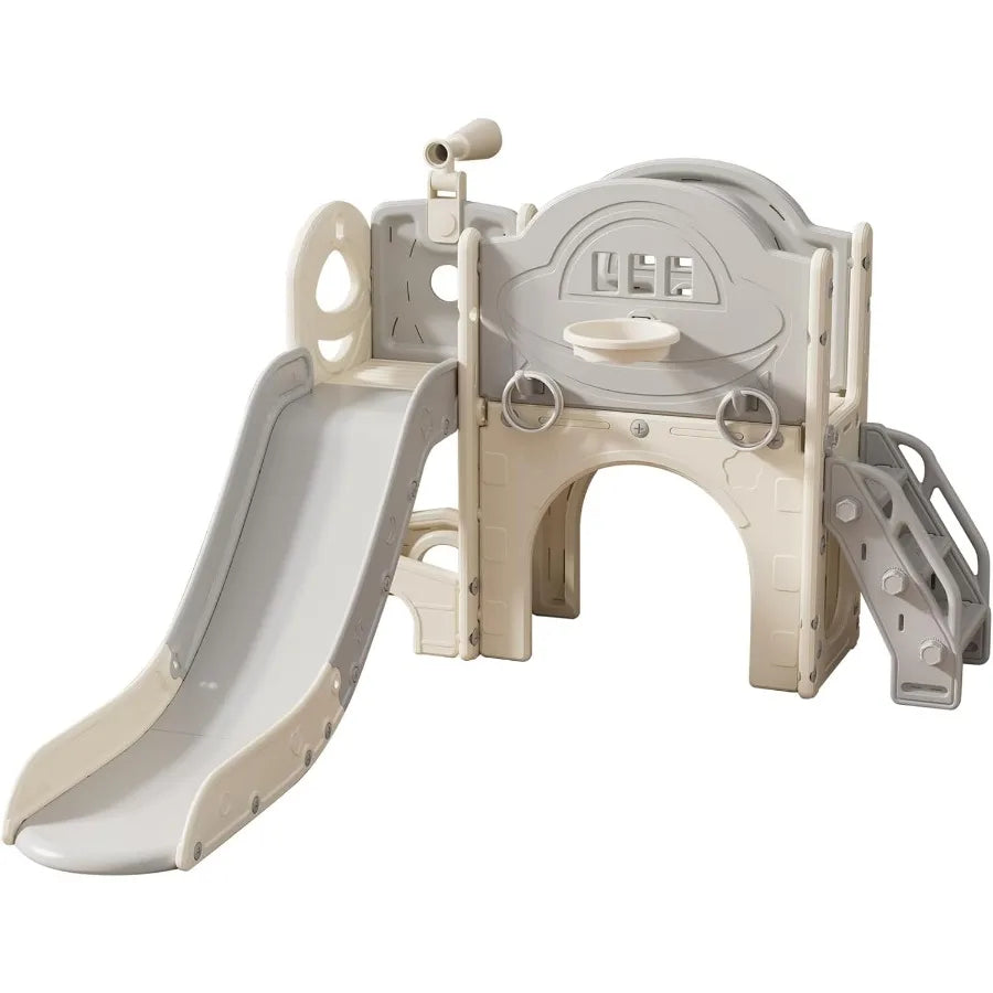 Kids Playground, Toddler Slide Playset w/Climber, Basketball Hoop, Tunnel, Ring Toss Game & Storage Space, Toddler Toys Outdoor