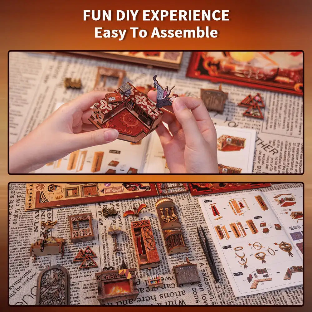 CUTEBEE Book Nook Doll House 3D Puzzle With Touch Light Dust Cover Magic Gift Ideas Bookshelf Insert Toy Gifts Flame Common Room