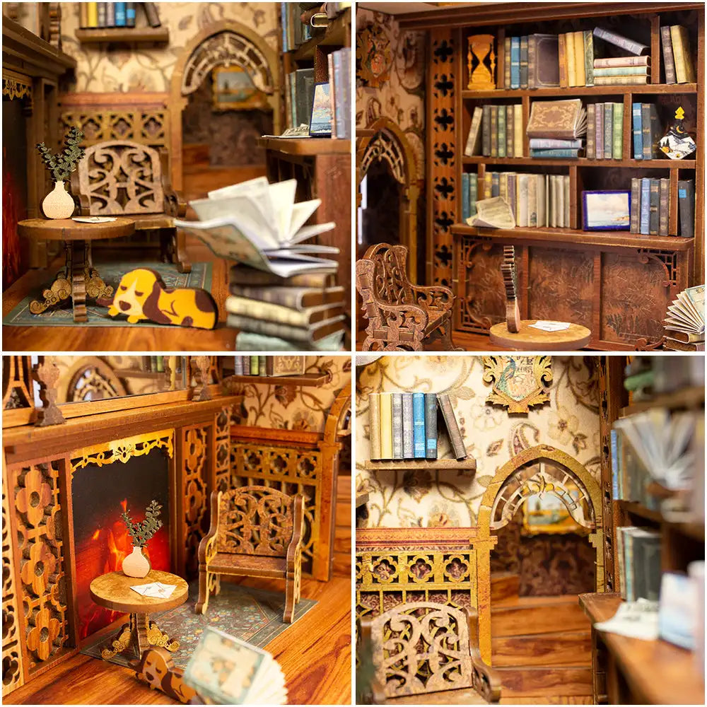 CUTEBEE Wooden Dollhouse Kit Miniature Doll House Kits Booknook Bookshelf Book Nook with Dust Cover Bookends Christmas Gift
