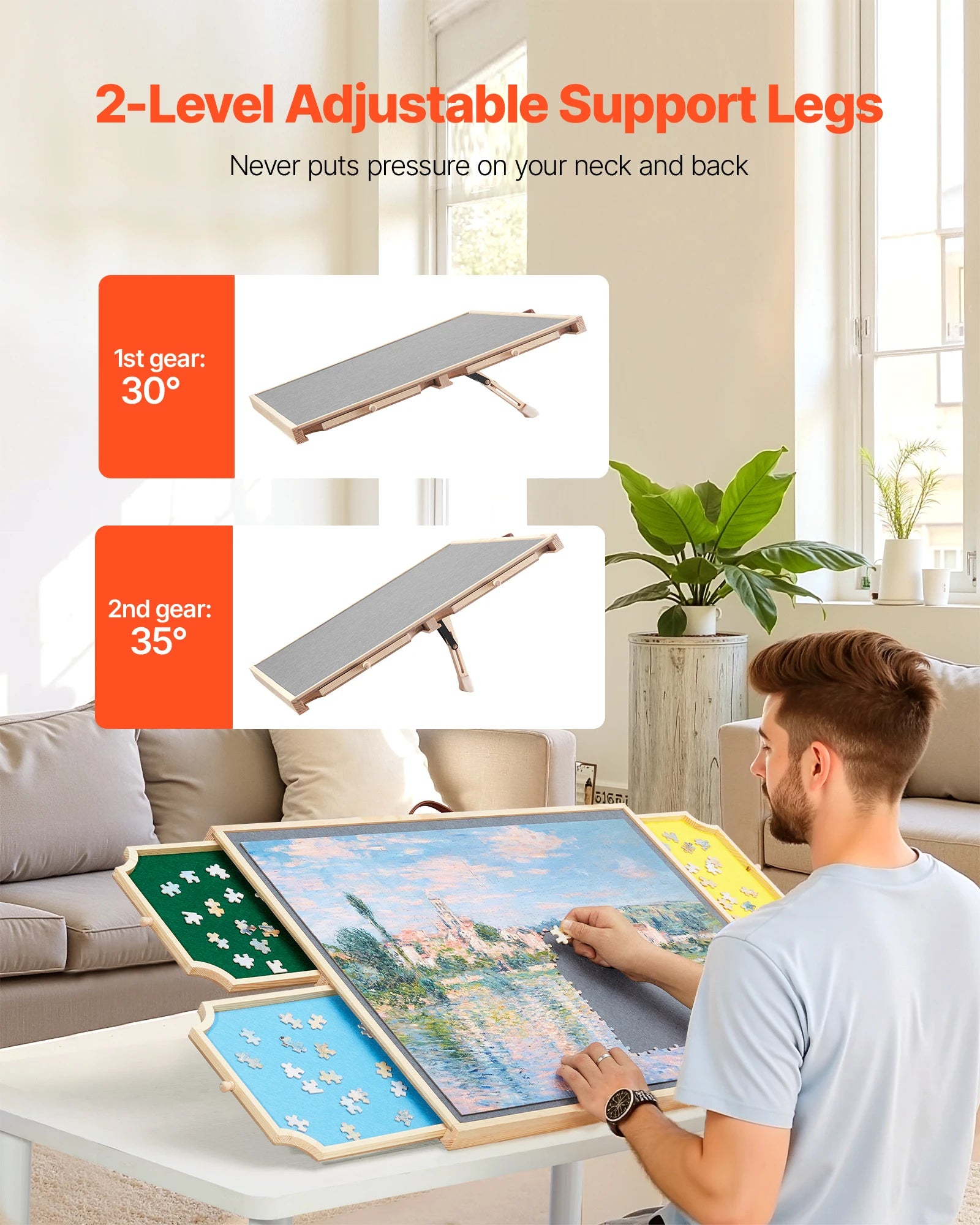 SucceBuy 1000 Piece Puzzle Board with 4 Colorful Felt Drawers  Wooden Table Adjustable 2-Tilting-Angle Jigsaw Puzzle Accessories