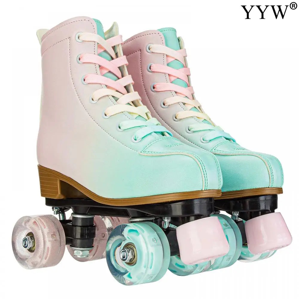 2024 PU Leather Flashing 4 Wheels Roller Skates For Women Double Row Skate Shoes Beginner Quad Sneaker Skating Ice Rink Training