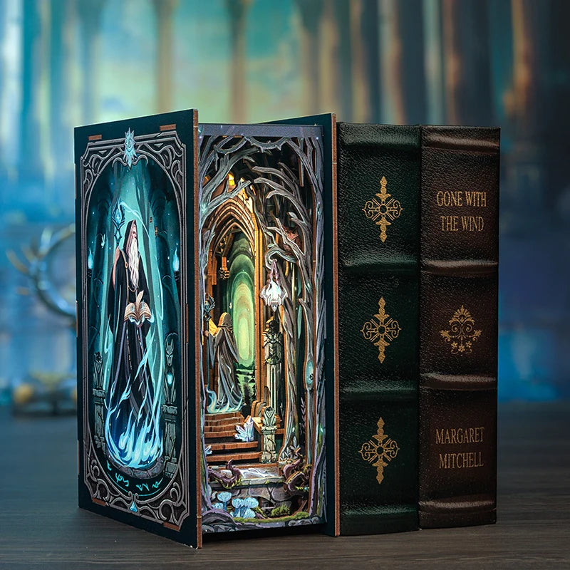 CUTEBEE Wooden 3D Puzzle DIY Book Nook Kit Miniature Dollhouse with Light Dust Cover Bookshelf Insert for Child Birthday Gift