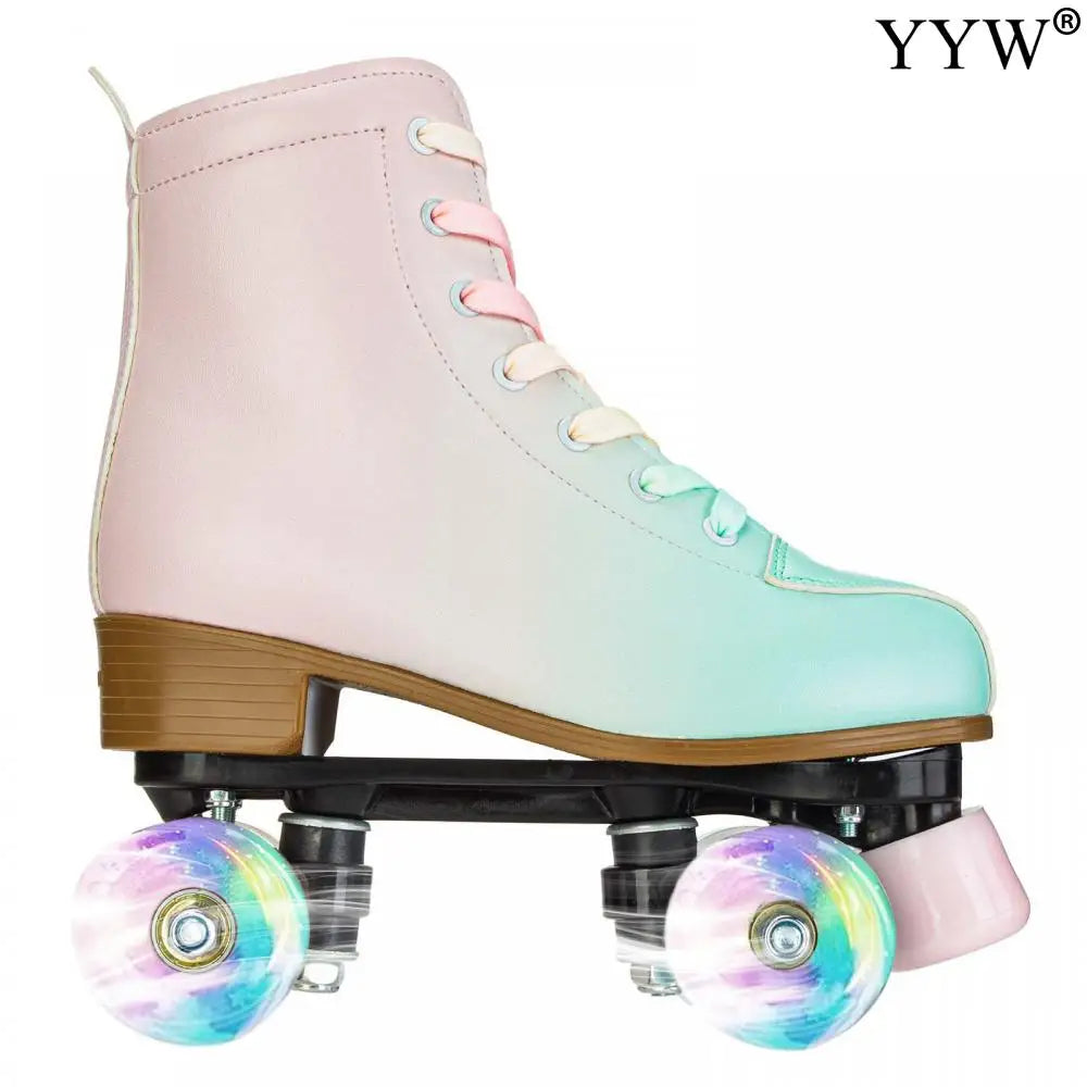 2024 PU Leather Flashing 4 Wheels Roller Skates For Women Double Row Skate Shoes Beginner Quad Sneaker Skating Ice Rink Training